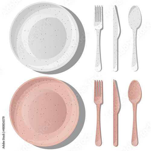 Vector set of white and coral crockery and cutlery. Top view of ceramic plates, spoons, forks, knives.