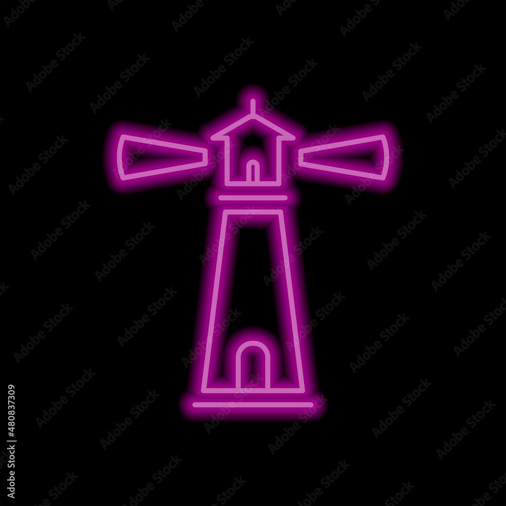 Fototapeta premium Lighthouse simple icon. Flat desing. Purple neon on black background.ai
