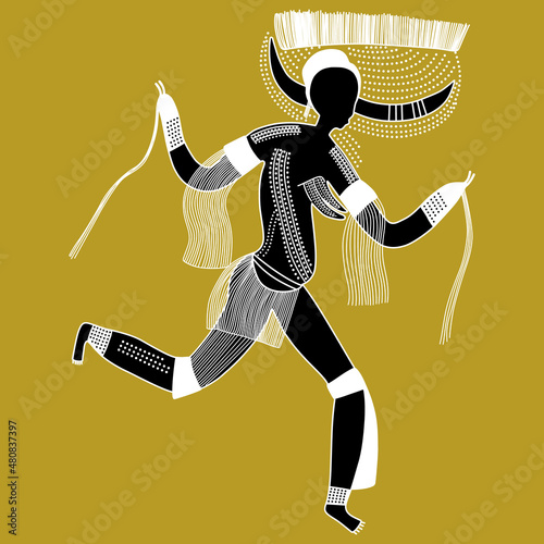 Horned Goddess. Dancing or running prehistoric woman. Ethnic North African rock painting from Tassili n'Ajjer. Sahara desert in Algeria. Black and white silhouette. on yellow gold background.	
