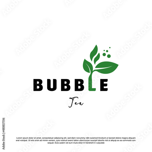 Creative bubble tea lettering logo design. Bubble tea with leaves and bubble for your brand or business