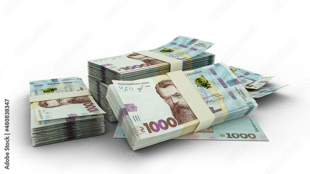 3D stack of Ukrainian hryvnia notes isolated on white background 3D stack of Ukrainian hryvnia notes isolated on white background