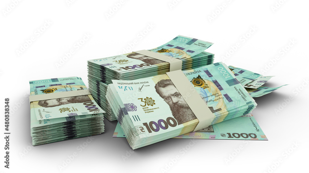 3D rendering of Stack of Ukrainian hryvnia notes isolated on white background 3D rendering of Stack of Ukrainian hryvnia notes isolated on white background