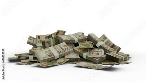 3D Rendering of Stack of 100 suriname dollar notes isolated on white background. Bundles of dollar notes