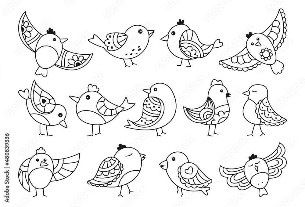 Doodle bird with different ornaments set. Contour outline comic birds, different poses, flying. Modern trendy happy character. Hand drawn flat abstract fun sparrow. Drawing vector illustration