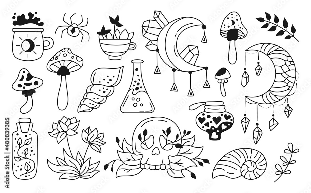 Mystic doodle set, witchcraft symbols crystals, shell, moon, skull. Spiritual boho hand drawn elements, magician trendy tattoo alchemy and esoteric. For stamp, sticker, print fantasy occult vector