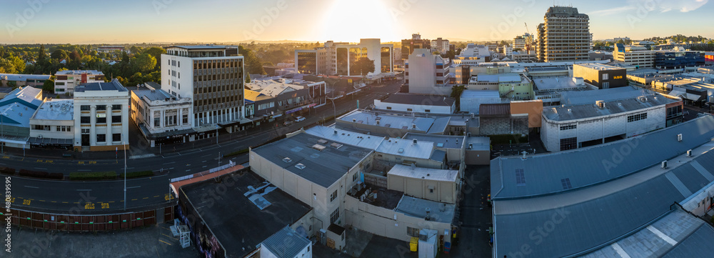 Panoramic aerial drone view over the city of Hamilton (Kirikiriroa) in the Waikato region of New Zealand.