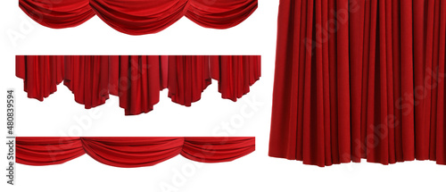 Set with beautiful red curtains on white background. Banner design
