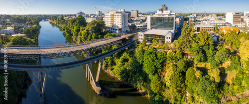 Panoramic aerial drone view over the city of Hamilton  Kirikiriroa  in the Waikato region of New Zealand.