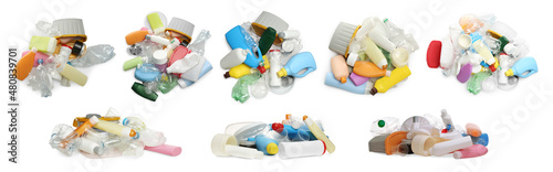 Fotografie Set with piles of plastic garbage on white background