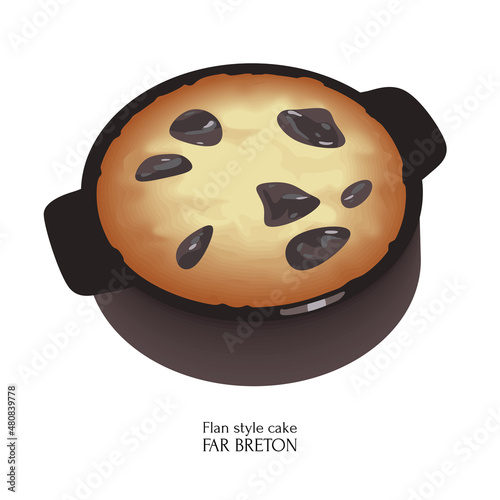 Far Breton traditional French dessert. Colorful illustration on white background.