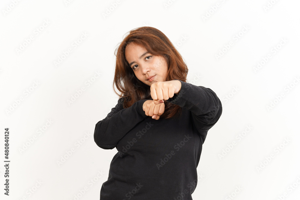 Punching fist to fight Of Beautiful Asian Woman Wearing Black Shirt Isolated On White Background Punching fist to fight Of Beautiful Asian Woman Wearing Black Shirt Isolated On White Background