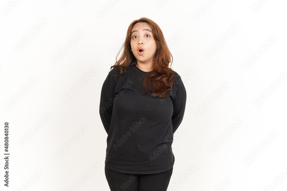 WOW face Of Beautiful Asian Woman Wearing Black Shirt Isolated On White Background WOW face Of Beautiful Asian Woman Wearing Black Shirt Isolated On White Background