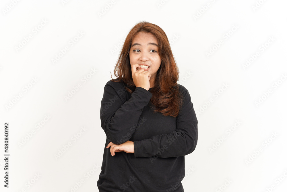 Afraid , nervous and bite nails Of Beautiful Asian Woman Wearing Black Shirt Isolated On White Afraid , nervous and bite nails Of Beautiful Asian Woman Wearing Black Shirt Isolated On White