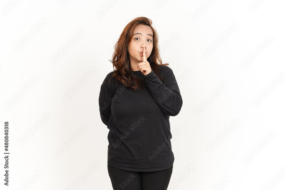 Shh Be Quiet Of Beautiful Asian Woman Wearing Black Shirt Isolated On White Background