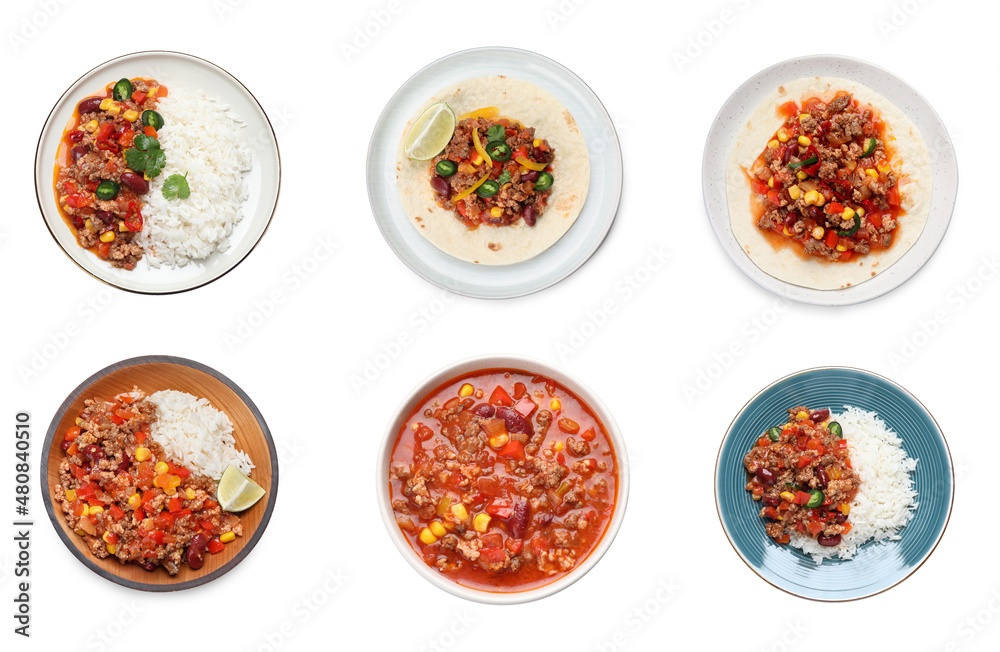 Set with tasty chili con carne on white background, top view Set with tasty chili con carne on white background, top view