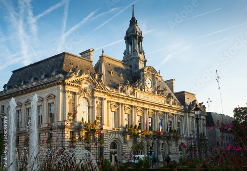 Leinwand Poster View of City Hall and fountain at Jean Jaures square in morning time,Tours, France