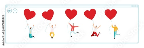 Valentine's Day. Group of smiling people holding hearts. Love. Vector of love and volunteering.