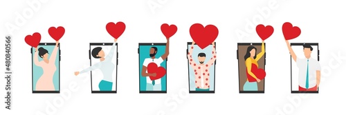 Valentine's Day. Group of smiling people holding hearts. Love. Vector of love and volunteering.