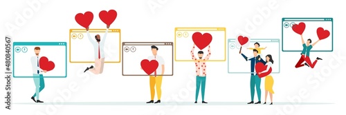 Valentine's Day. Group of smiling people holding hearts. Love. Vector of love and volunteering.