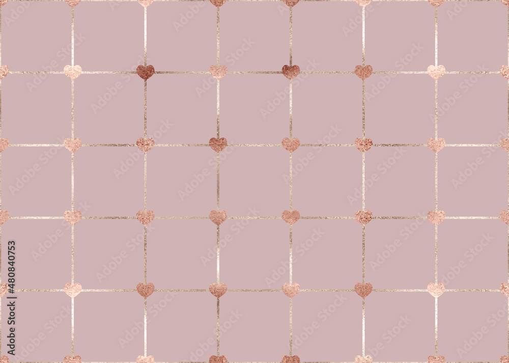 Gold metal grid seamless pattern with rose hearts elements.