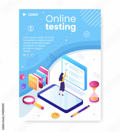 Online Testing Course Poster Template Flat Design Illustration Editable of Square Background for Social media, E-learning and Education Concept