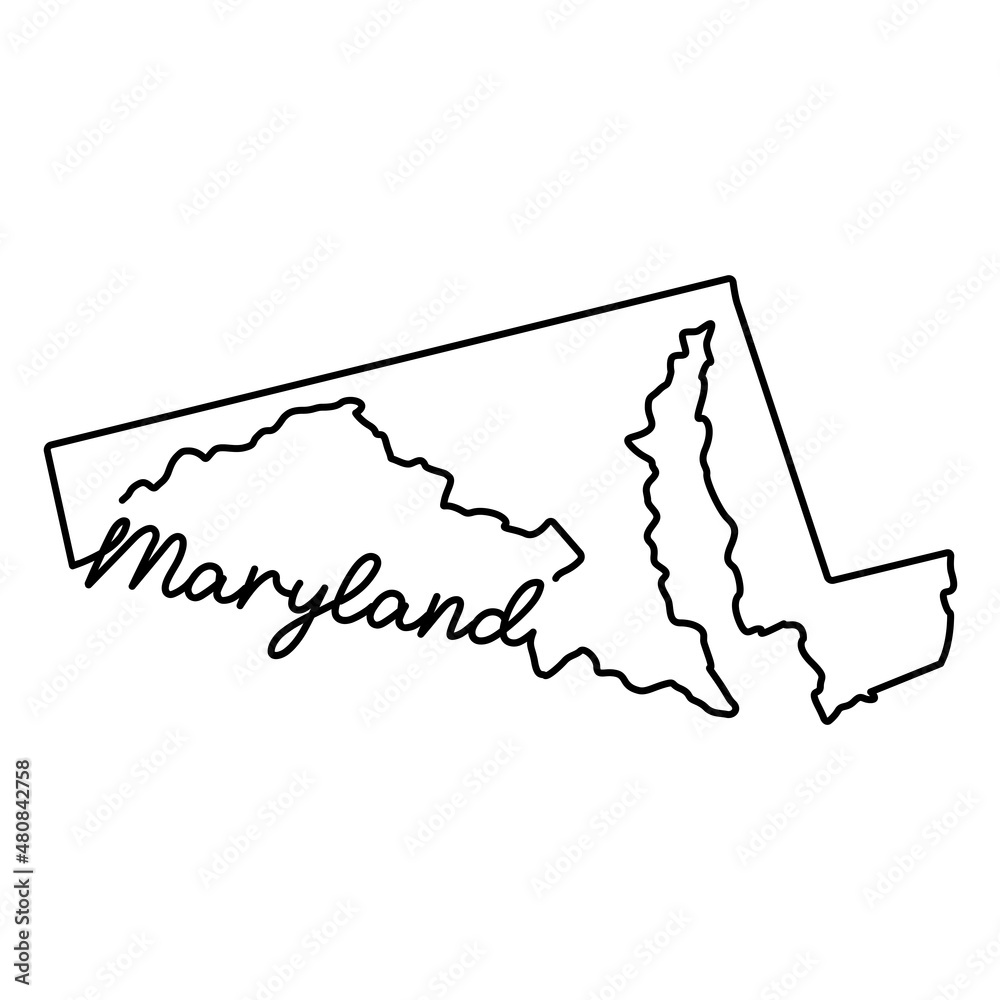 Maryland US state outline map with the handwritten state name. Continuous line drawing of patriotic home sign. A love for a small homeland. T-shirt print idea. Vector illustration.
