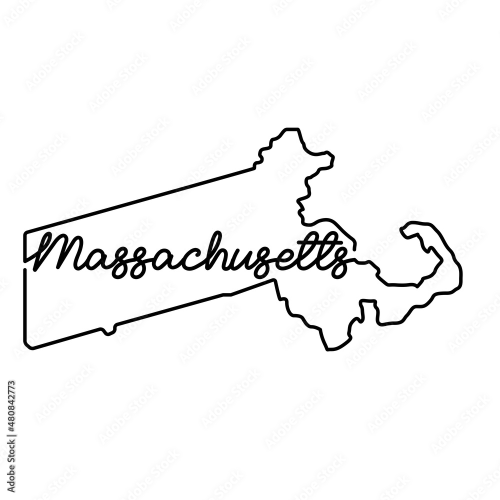 Massachusetts US state outline map with the handwritten state name