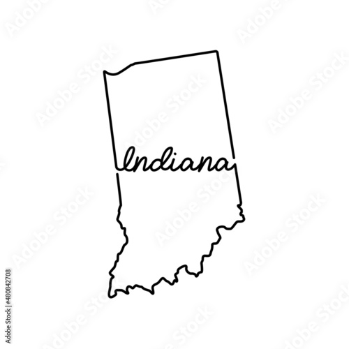 Indiana US state outline map with the handwritten state name. Continuous line drawing of patriotic home sign. A love for a small homeland. T-shirt print idea. Vector illustration.