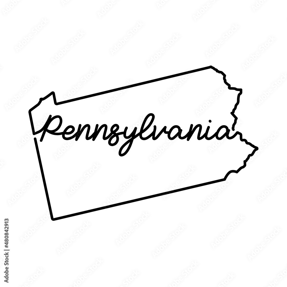 Pennsylvania US state outline map with the handwritten state name. Continuous line drawing of patriotic home sign. A love for a small homeland. T-shirt print idea. Vector illustration. Pennsylvania US state outline map with the handwritten state name. Continuous line drawing of patriotic home sign. A love for a small homeland. T-shirt print idea. Vector illustration.