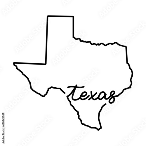 Texas US state outline map with the handwritten state name. Continuous line drawing of patriotic home sign. A love for a small homeland. T-shirt print idea. Vector illustration.
