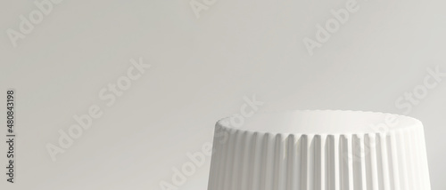 3D render banner of empty round white smooth ceramic podium with pleated side for products display. Blank grey wall background. Overlay, Backdrop, Enamel, Cupcake shape, Plastic, Mockup, Cute, Beauty.
