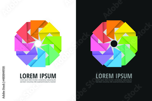Vector illustration of colorful infinite loop design elements on white and black background.