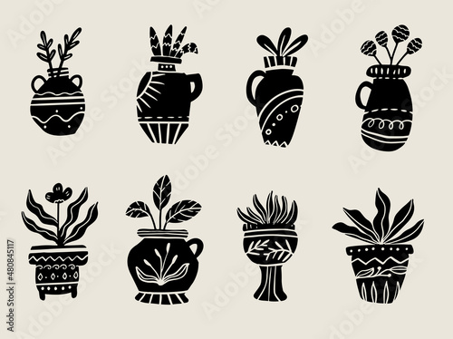 Ceramic vases silhouette with flower. Vintage Ancient pottery vase ceramics collection set.