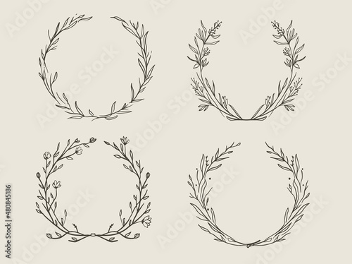 Floral wreath frame hand drawing circle. Elegant round flower, branches, cute circle wedding card element.