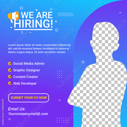 Poster for we are hiring. employees needed. Social media template job vacancy recruitment