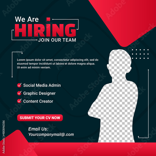 Poster for we are hiring. employees needed. Social media template job vacancy recruitment photo