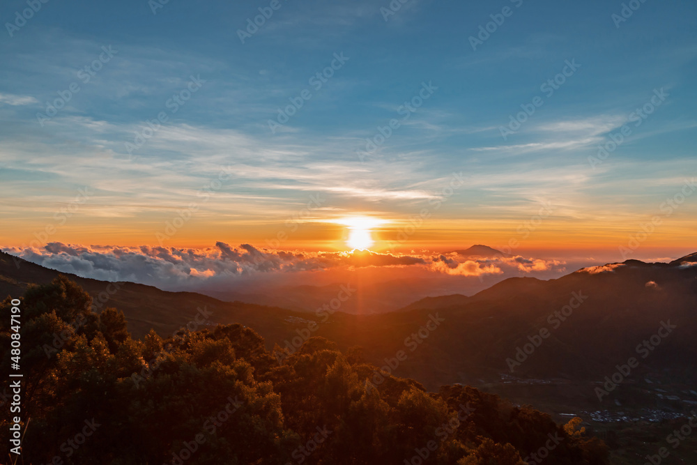 Amazing Golden Sunrise With Amazing Views On The Top Of Sikunir Hills, Dieng Plateau, Central Java, Indonesia
