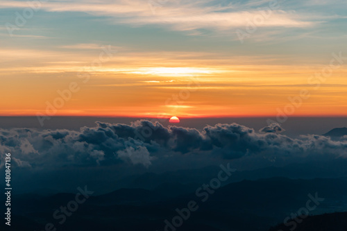 Amazing Golden Sunrise With Amazing Views On The Top Of Sikunir Hills, Dieng Plateau, Central Java, Indonesia