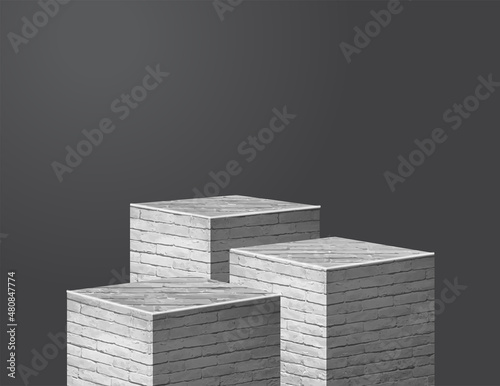 White grunge brick wall product display, Platforms presentation mock up show cosmetic  stage pedestal design, Vector illustration
