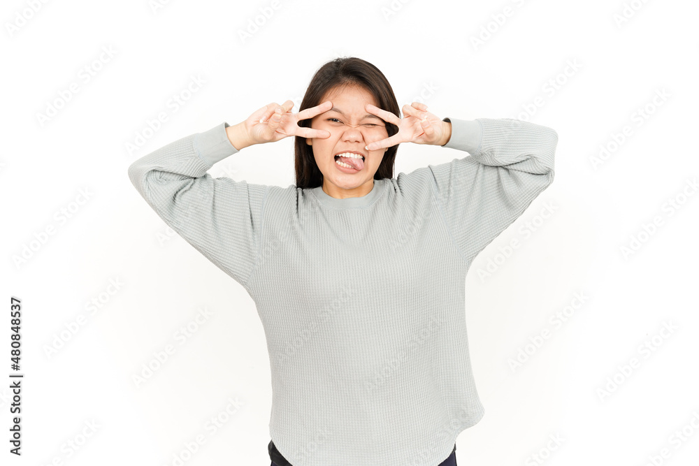 Showing Peace Sign Of Beautiful Asian Woman Isolated On White Background Showing Peace Sign Of Beautiful Asian Woman Isolated On White Background