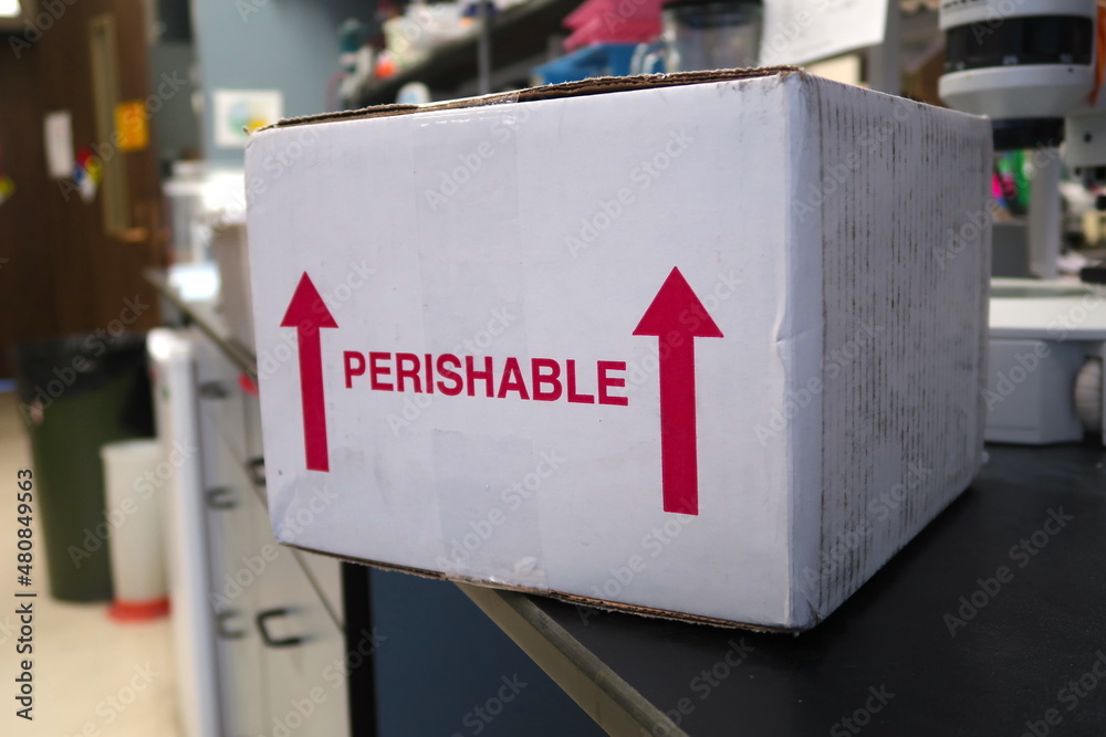 Obraz premium A white shipping box for temperature sensitive perishable products. Red arrows indicate this way up