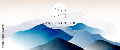 Blue mountain background vector. Oriental Luxury landscape background design with watercolor brush texture. Wallpaper design, Wall art for home decor and prints.
