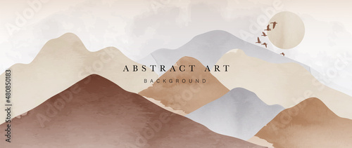 Blue mountain background vector. Oriental Luxury landscape background design with watercolor brush texture. Wallpaper design, Wall art for home decor and prints.
