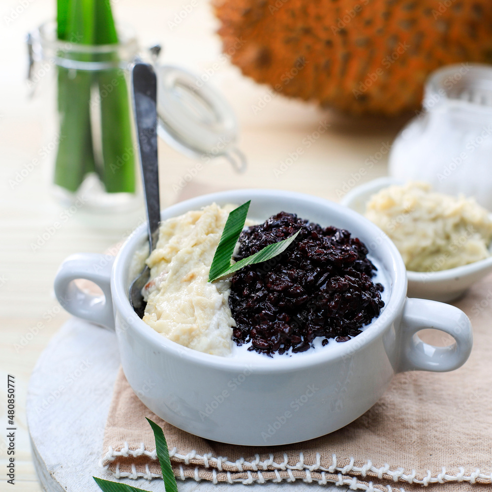 Durian with Black Sticky Rice and Coconut Milk Sauce, Homemade Thailand Dessert Durian with Black Sticky Rice and Coconut Milk Sauce, Homemade Thailand Dessert