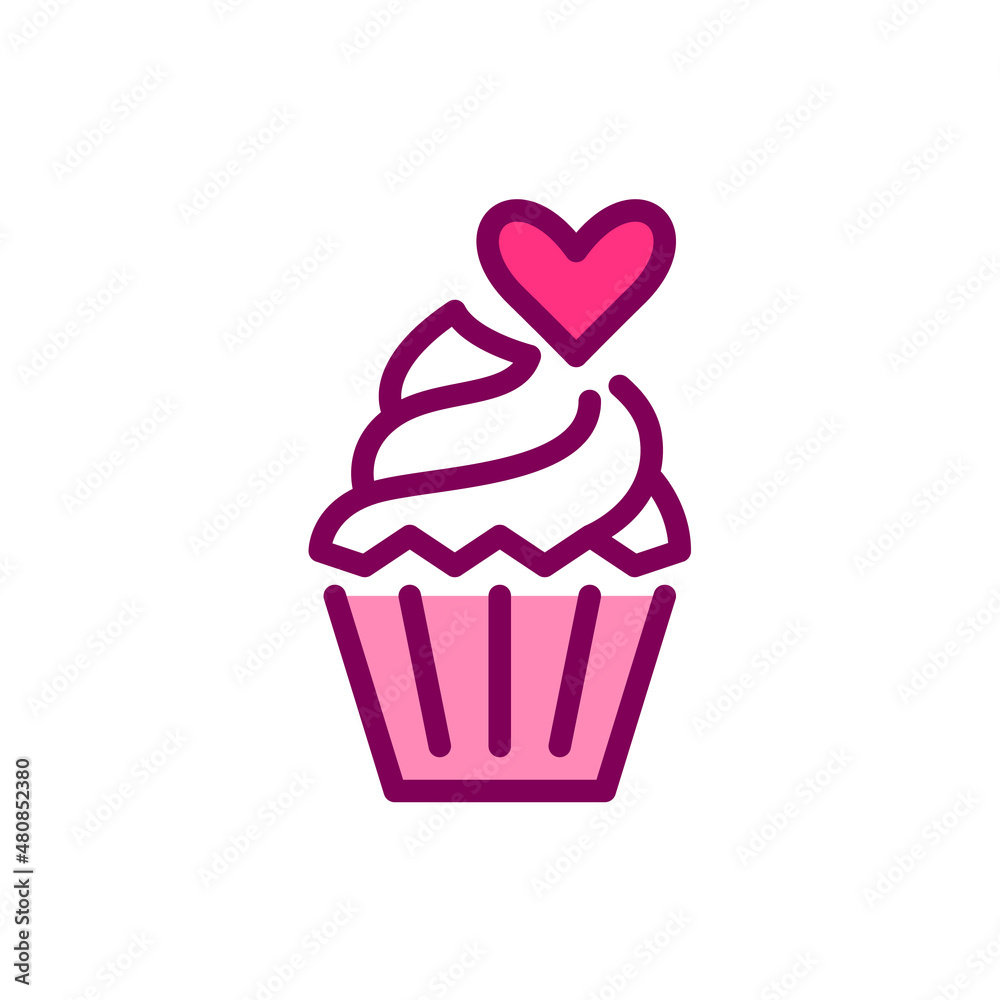 Cupcake with a heart on a frosting. Cute romantic dessert. Pixel perfect, editable stroke color icon