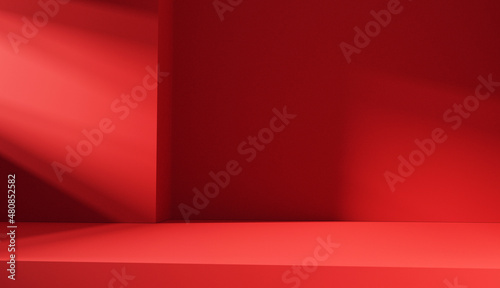 Minimal red background Christmas Valentines and Chinese new year. Room in the 3d. For backdrop  Space for product and text. 3d render.