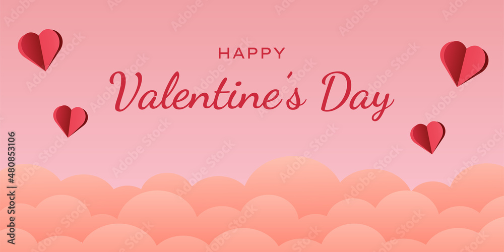 Background for Valentine's Day with an inscription, paper hearts and clouds. Vector illustration. Wallpaper. Flyers, invitations, posters, brochures, banners.