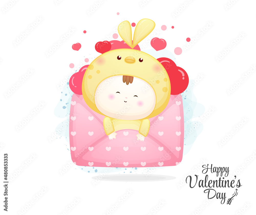Cute envelope with baby bird inside. Cute valentine element cartoon character Cute envelope with baby bird inside. Cute valentine element cartoon character