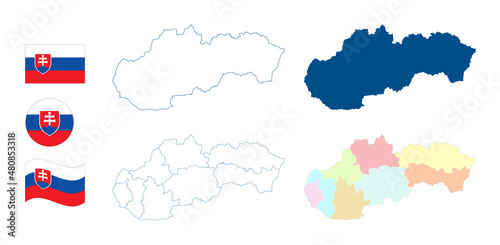 Slovakia map. Detailed blue outline and silhouette. Administrative divisions and kraje, regions. Country flag. Set of vector maps. All isolated on white background. Template for design.