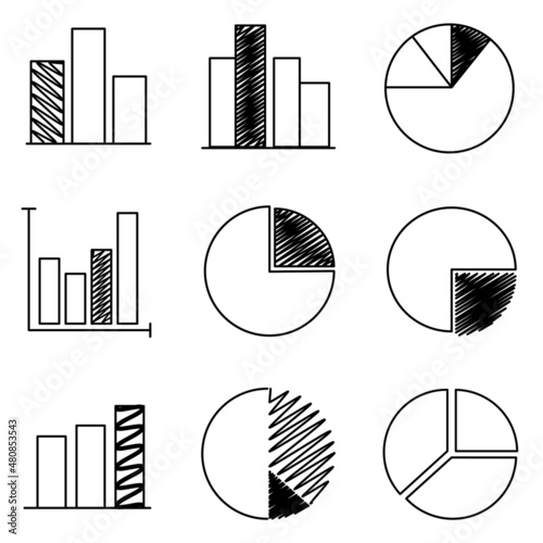 Set of line icons about bar graphs, pie charts.